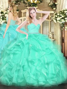 Fashion Turquoise Organza Zipper Vestidos de Quinceanera Sleeveless Floor Length Beading and Lace and Ruffles
