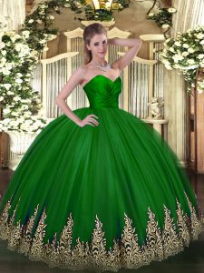 Fancy Sleeveless Tulle Floor Length Zipper Quince Ball Gowns in Green with Appliques