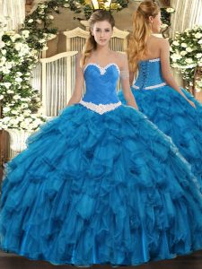 Dynamic Sweetheart Sleeveless Quinceanera Gowns Floor Length Appliques and Ruffles Blue Organza