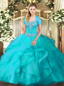 Latest Aqua Blue Ball Gowns Beading and Ruffles Quinceanera Gown Lace Up Tulle Sleeveless Floor Length
