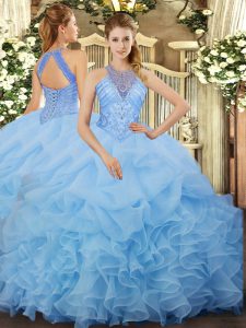 Trendy Sleeveless Floor Length Beading and Ruffles and Pick Ups Lace Up Quinceanera Gown with Aqua Blue