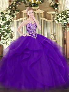 Delicate Purple Lace Up Sweetheart Beading and Ruffles 15 Quinceanera Dress Tulle Sleeveless