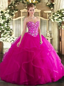 Discount Fuchsia Sweetheart Lace Up Embroidery and Ruffles Sweet 16 Quinceanera Dress Sleeveless