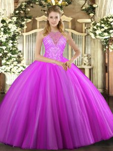 Modern Fuchsia Ball Gowns Beading Quinceanera Dresses Lace Up Tulle Sleeveless Floor Length