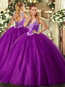 Romantic Purple Sleeveless Floor Length Beading Lace Up Quinceanera Dress