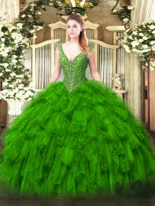 Smart Ball Gowns Organza V-neck Sleeveless Beading and Ruffles Floor Length Lace Up Sweet 16 Dresses