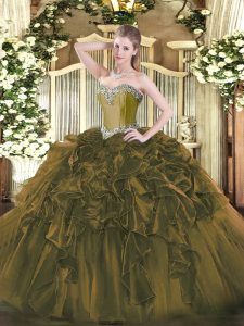 Beautiful Sweetheart Sleeveless Quinceanera Gowns Floor Length Beading and Ruffles Olive Green Organza