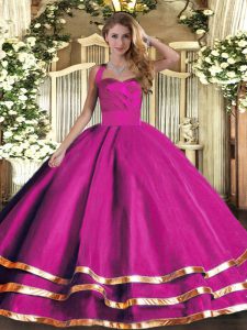 Fitting Fuchsia Sleeveless Floor Length Ruffled Layers Lace Up Quinceanera Gowns