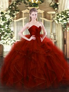 Wine Red Sleeveless Floor Length Ruffles Zipper Sweet 16 Dresses