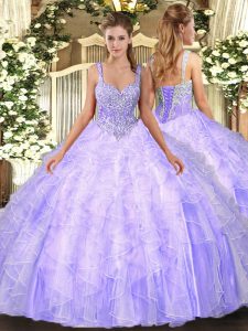  Lavender Sweet 16 Quinceanera Dress Military Ball and Sweet 16 and Quinceanera with Beading and Ruffles Straps Sleeveless Lace Up