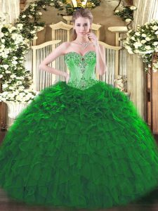 Admirable Floor Length Dark Green Sweet 16 Dress Organza Sleeveless Beading and Ruffles