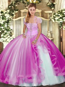  Floor Length Lace Up Quinceanera Dresses Fuchsia for Military Ball and Sweet 16 and Quinceanera with Appliques and Ruffles