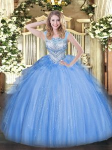 Cheap Blue Ball Gowns Beading Sweet 16 Dresses Lace Up Tulle Sleeveless Floor Length