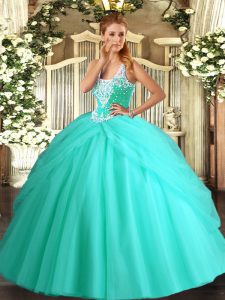 High Class Straps Sleeveless Quinceanera Gowns Floor Length Beading and Pick Ups Apple Green Tulle