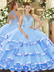 New Style Aqua Blue Ball Gowns Beading and Ruffled Layers Vestidos de Quinceanera Lace Up Organza Sleeveless Floor Length