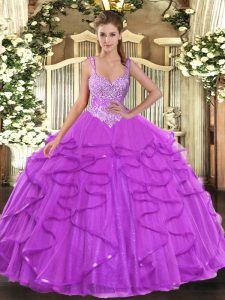  Floor Length Lace Up Sweet 16 Quinceanera Dress Eggplant Purple for Military Ball and Sweet 16 and Quinceanera with Beading and Ruffles