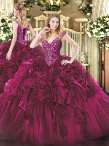Eye-catching Fuchsia Quinceanera Dresses Military Ball and Sweet 16 and Quinceanera with Beading and Ruffles V-neck Sleeveless Lace Up