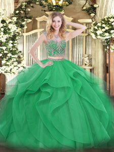  Sleeveless Floor Length Beading and Ruffles Lace Up Quinceanera Dresses with Green