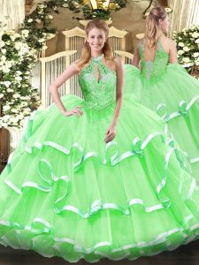  Ball Gowns Organza Halter Top Sleeveless Beading and Ruffles Floor Length Lace Up Sweet 16 Dress