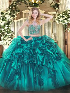  Teal Organza Lace Up Quinceanera Dress Sleeveless Floor Length Beading and Ruffles
