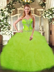 Beauteous Sweetheart Sleeveless 15th Birthday Dress Floor Length Beading and Ruffles Yellow Green Organza