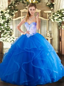  Floor Length Lace Up Sweet 16 Dress Blue for Military Ball and Sweet 16 and Quinceanera with Beading and Ruffles