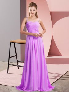 Elegant Sweep Train Empire Prom Party Dress Lilac Spaghetti Straps Chiffon Sleeveless Backless