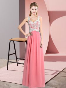 Simple Watermelon Red Empire Chiffon V-neck Sleeveless Lace Floor Length Zipper Prom Party Dress