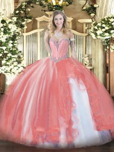 Affordable Sleeveless Floor Length Beading and Ruffles Lace Up Quinceanera Gown with Coral Red