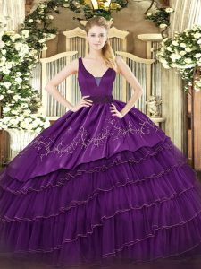 Extravagant Purple 15 Quinceanera Dress Military Ball and Sweet 16 and Quinceanera with Embroidery and Ruffled Layers Straps Sleeveless Zipper