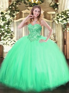  Apple Green Ball Gowns Appliques Ball Gown Prom Dress Lace Up Tulle Sleeveless Floor Length