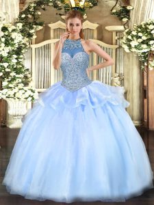 Noble Blue Quinceanera Dresses Military Ball and Sweet 16 and Quinceanera with Beading Halter Top Sleeveless Lace Up