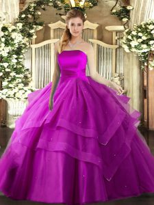 Noble Strapless Sleeveless Lace Up Ball Gown Prom Dress Fuchsia Tulle