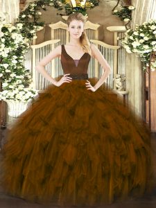 Deluxe Brown Organza Zipper Straps Sleeveless Floor Length 15th Birthday Dress Beading and Ruffles