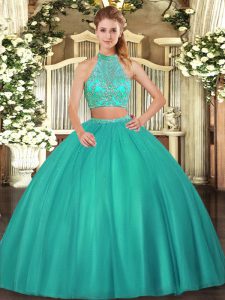  Floor Length Turquoise Quinceanera Dress Tulle Sleeveless Beading