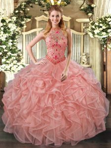 Delicate Peach Lace Up Quinceanera Dress Beading and Embroidery and Ruffles Sleeveless Floor Length