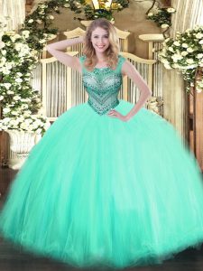 Captivating Apple Green Ball Gowns Tulle Scoop Sleeveless Beading Floor Length Lace Up Ball Gown Prom Dress