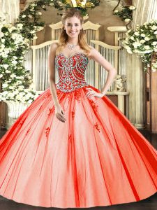 Customized Orange Red Ball Gowns Sweetheart Sleeveless Tulle Floor Length Lace Up Beading and Appliques Quinceanera Gown