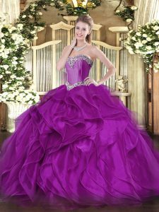 Fabulous Sleeveless Organza Floor Length Lace Up Sweet 16 Dress in Purple with Beading and Ruffles