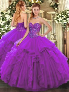 Trendy Sleeveless Floor Length Beading and Ruffles Lace Up Quinceanera Dress with Eggplant Purple