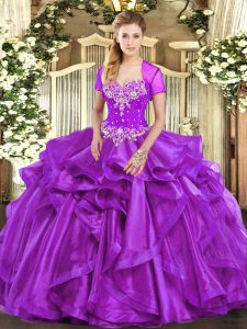 Amazing Purple Sleeveless Beading and Ruffles Floor Length Quinceanera Gown