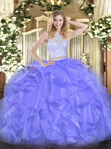  Floor Length Lavender 15th Birthday Dress Organza Sleeveless Lace and Ruffles