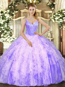 Lavender 15th Birthday Dress Military Ball and Sweet 16 and Quinceanera with Beading and Ruffles V-neck Sleeveless Lace Up