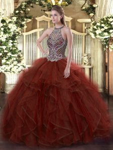  Rust Red Quince Ball Gowns Sweet 16 and Quinceanera with Beading and Ruffles Halter Top Sleeveless Lace Up