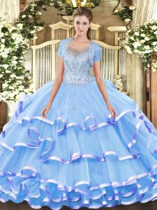 Eye-catching Beading and Ruffled Layers Quinceanera Gowns Aqua Blue Clasp Handle Sleeveless Floor Length
