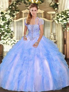 New Style Baby Blue Ball Gown Prom Dress Military Ball and Sweet 16 and Quinceanera with Appliques and Ruffles Strapless Sleeveless Lace Up