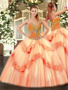 Beauteous Sweetheart Sleeveless Quinceanera Gowns Floor Length Beading Peach Tulle