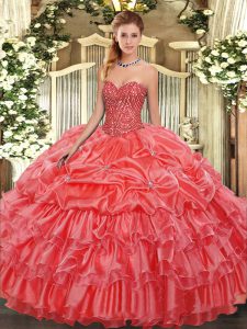 Gorgeous Coral Red Lace Up Sweetheart Beading and Ruffles and Pick Ups Quince Ball Gowns Organza Sleeveless