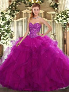 Fine Beading and Ruffles Quinceanera Gowns Fuchsia Lace Up Sleeveless Floor Length