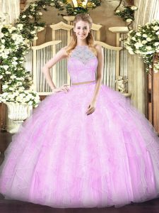  Lilac Two Pieces Scoop Sleeveless Tulle Floor Length Zipper Lace and Ruffles Sweet 16 Dresses